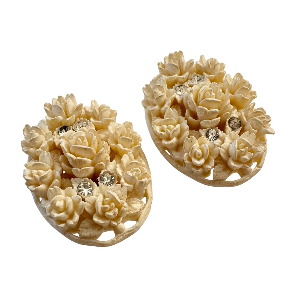 Vintage‎ Cream Celluloid Carved Roses Statement Earrings Oval Cottage Feminine - Picture 12 of 14